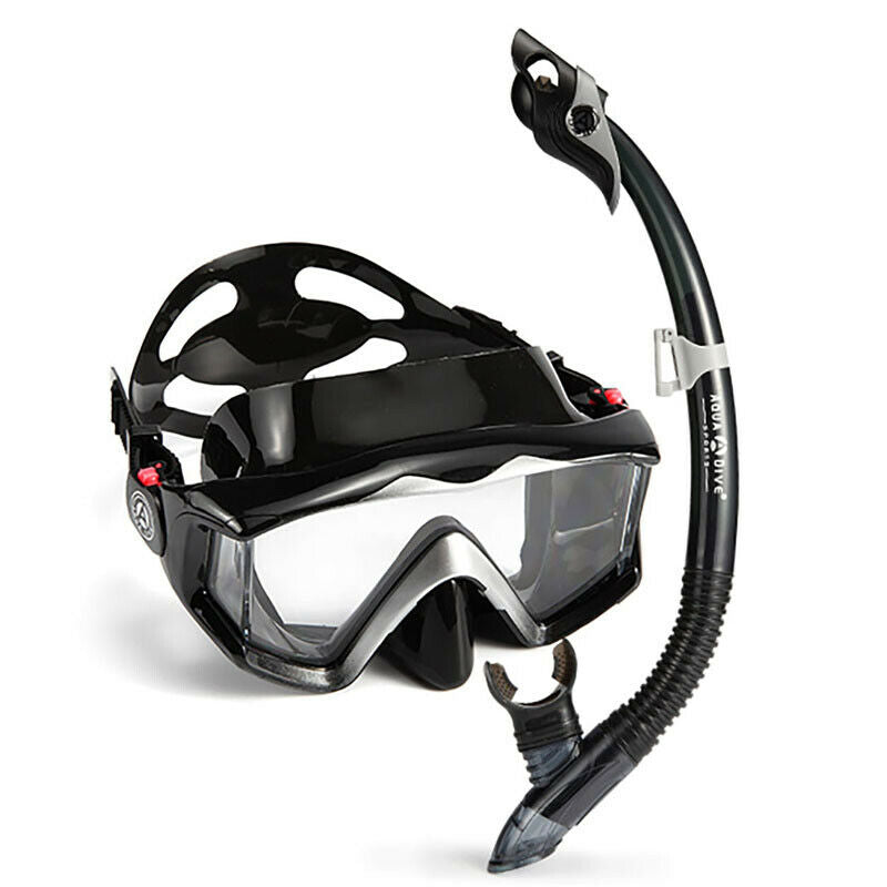 Aqua Dive Black Snorkeling Mask Set Dry Snorkel Tempered Glass Liquid ...