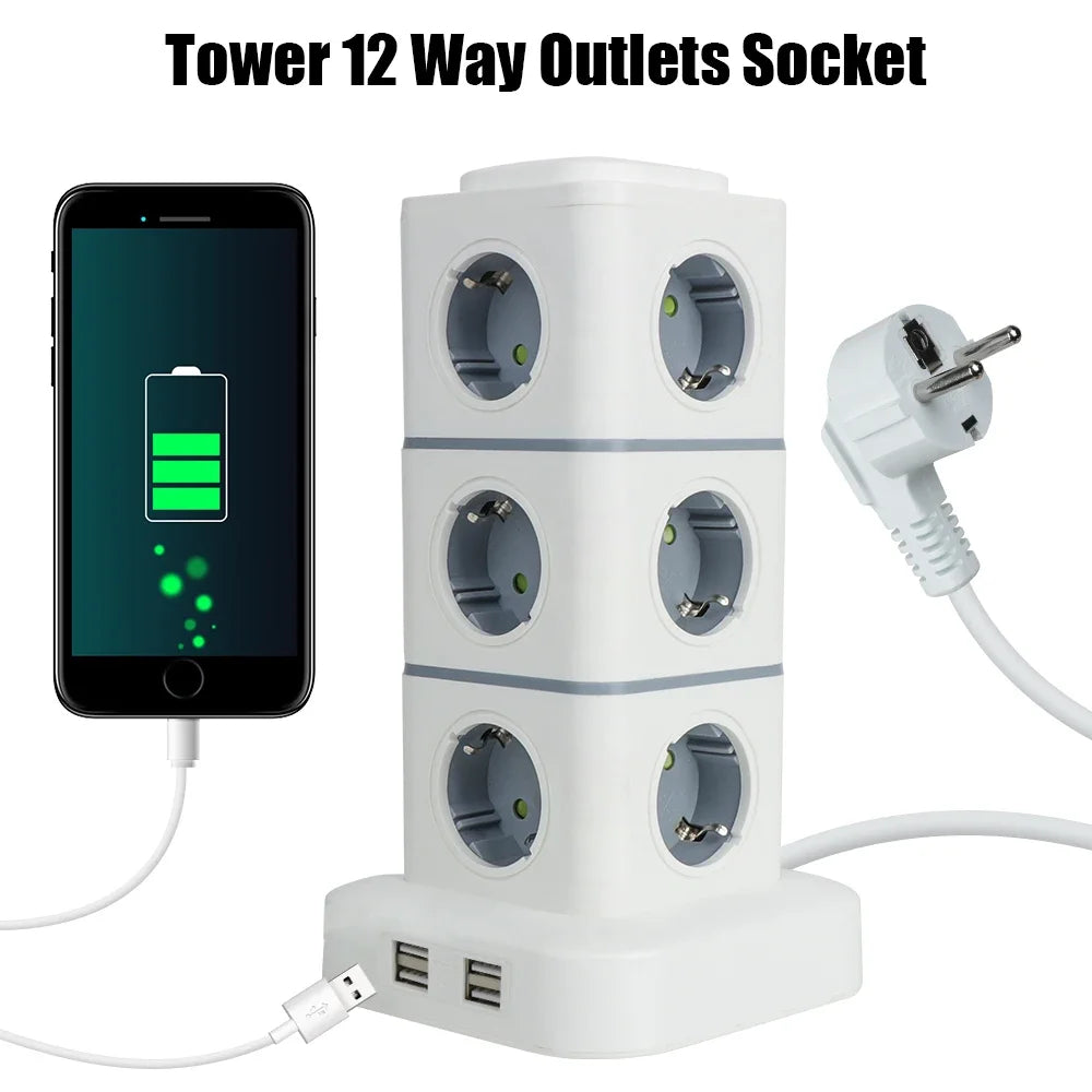 Tower 12 Way Outlets Socket Multi Power Strip Vertical 2.8m Extension ...